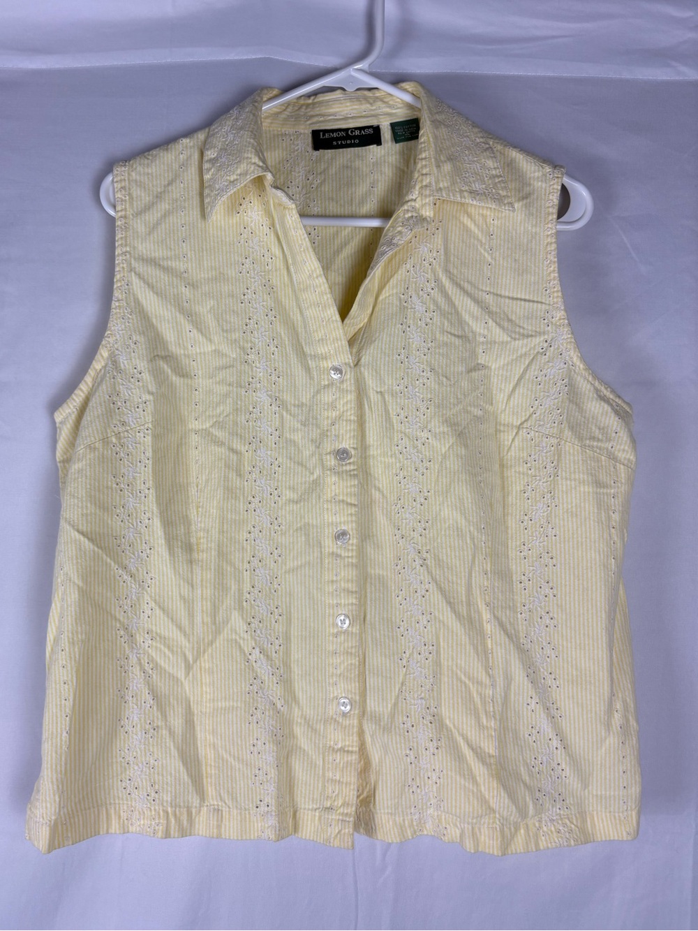 Artsy textured Cotton butter yellow white pinstriped Sleeveless eyelet blouse XL